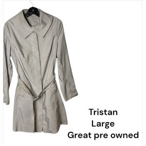 Y2K Tristan belted neutral striped collared,hidden button trench coat,L,lined